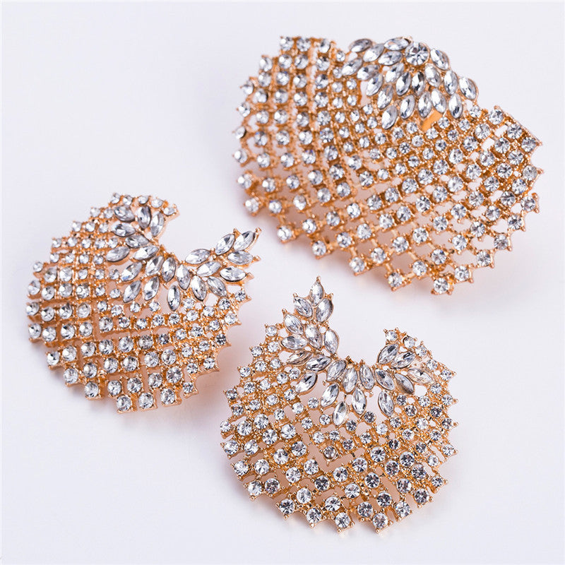 Fashion All-match Full Diamond Geometric Earrings Ring Set Women