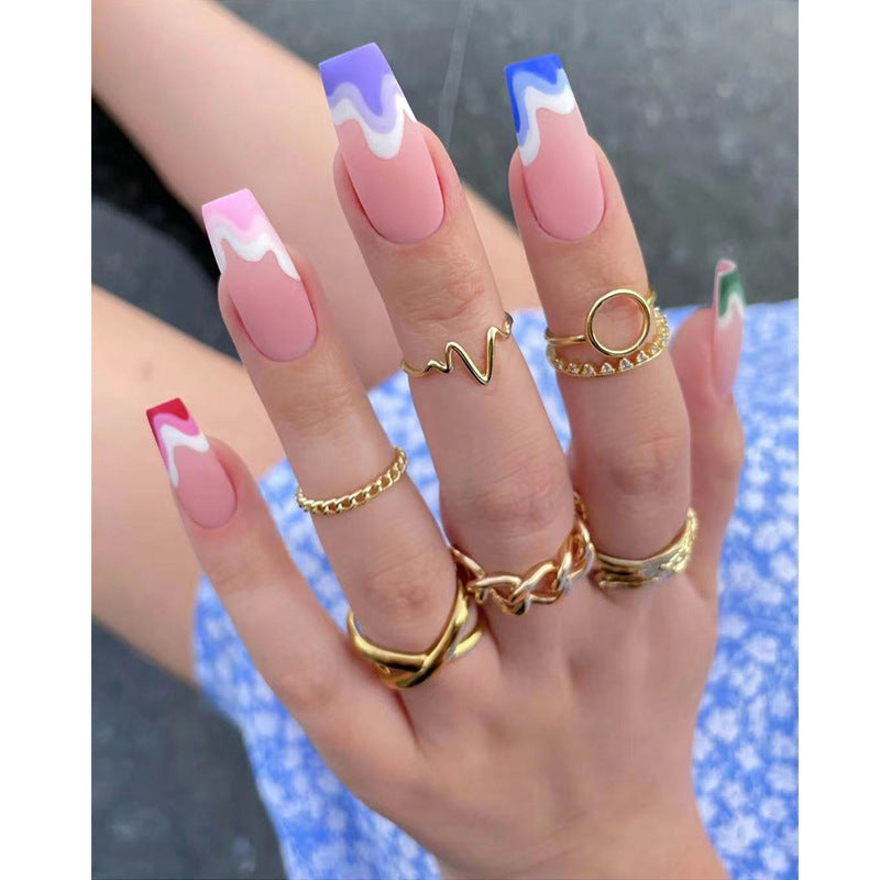 Faux ongles multicolores à motif ondulé extra longs, style ballerine givré