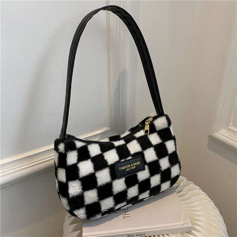 Sac à main en peluche à carreaux pour femme, design de niche