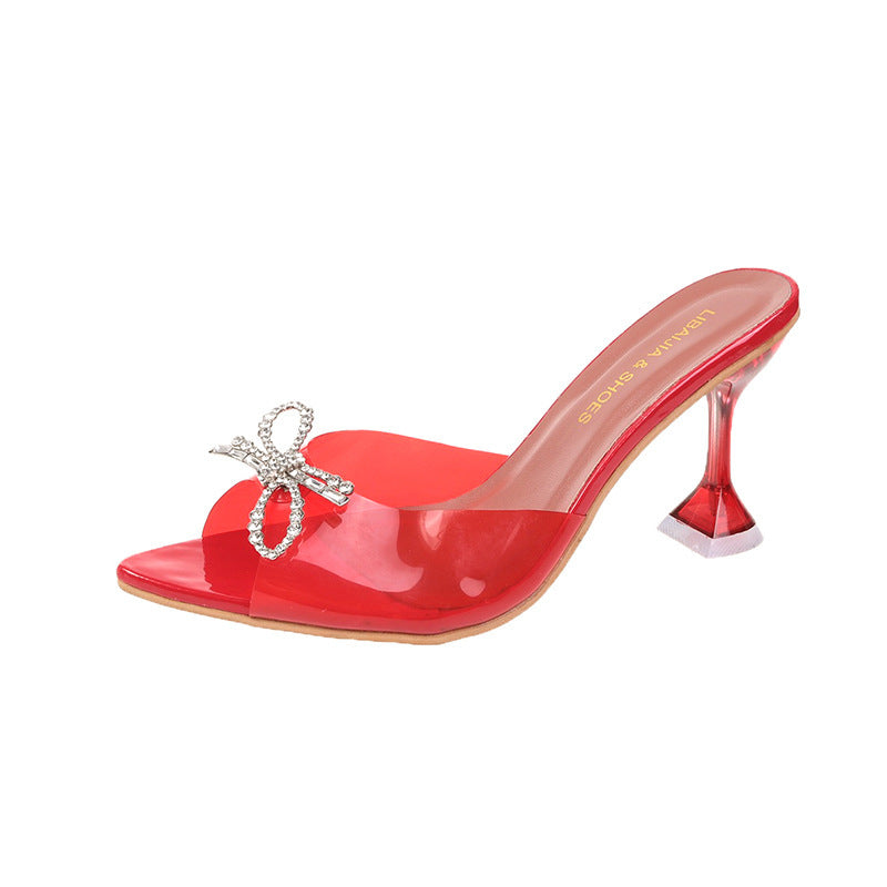 Chaussures de mariage à talons hauts pour femmes, grande taille, avec gros nœud et boucle en strass, sandales à talons hauts rouges en cristal