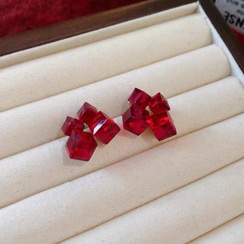 Light Luxury Geometric Color Matching Three-dimensional Crystal Cube Sugar Ear Studs
