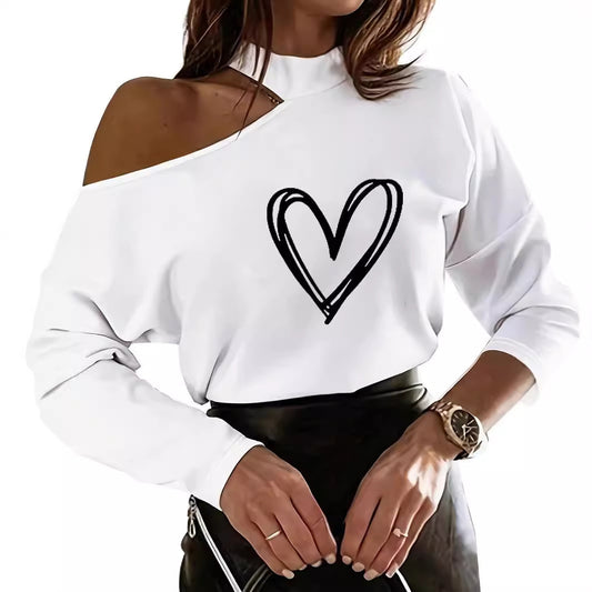 T-shirt à épaules dénudées avec imprimé cœur pour femme