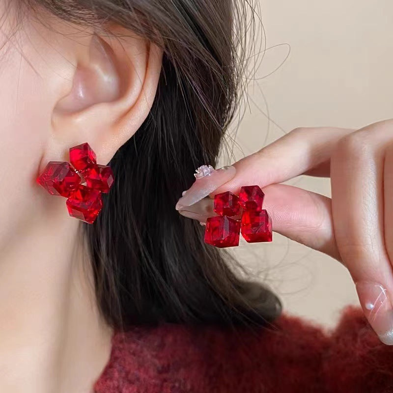 Light Luxury Geometric Color Matching Three-dimensional Crystal Cube Sugar Ear Studs