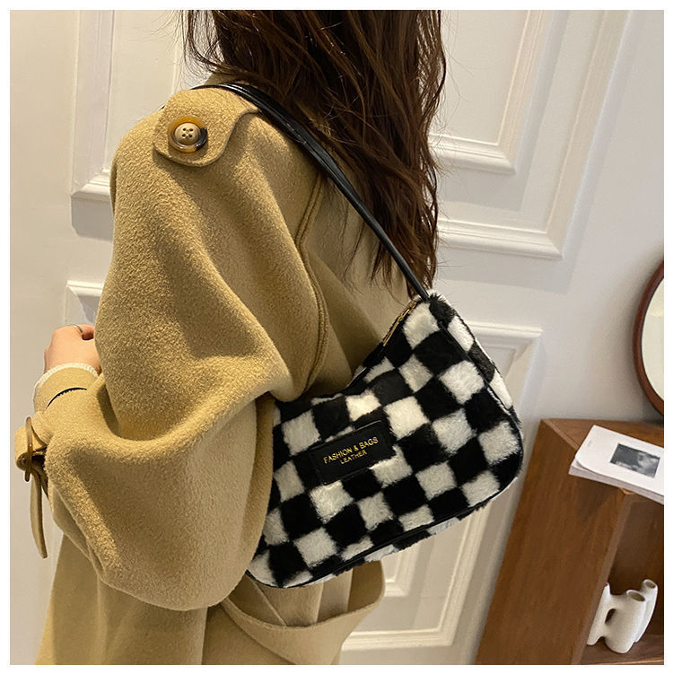 Sac à main en peluche à carreaux pour femme, design de niche