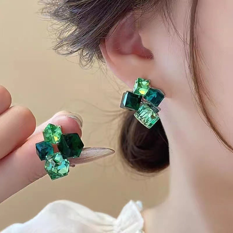 Light Luxury Geometric Color Matching Three-dimensional Crystal Cube Sugar Ear Studs