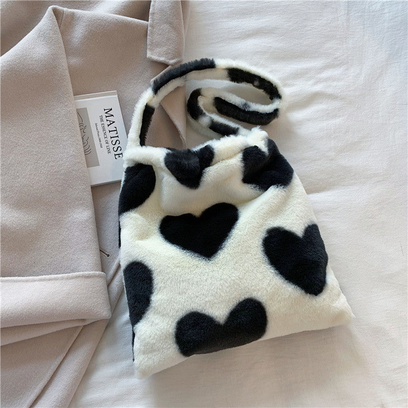 Sacs à bandoulière en peluche pour femmes, motif cœur d'amour, sacs de courses d'hiver