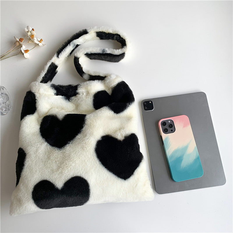 Sacs à bandoulière en peluche pour femmes, motif cœur d'amour, sacs de courses d'hiver