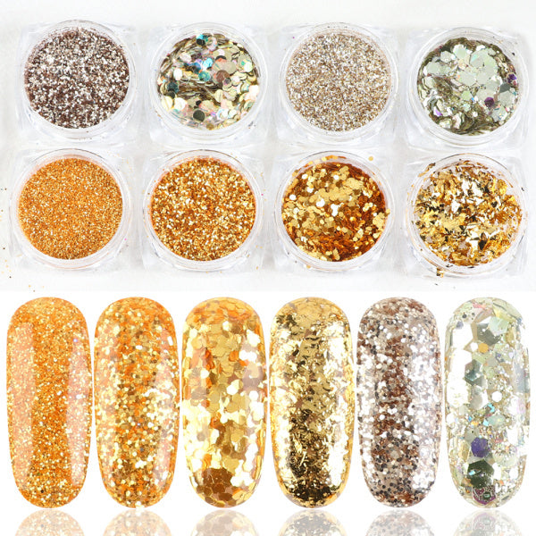 Coffret de 8 boîtes de poudres pailletées pour nail art