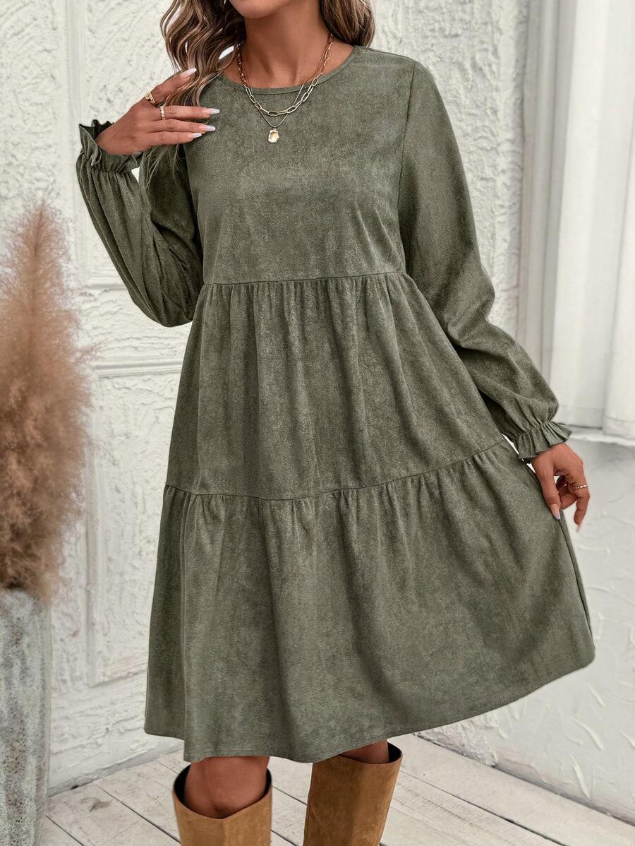 Robe mi-longue décontractée à volants et manches unies pour femme, printemps et automne