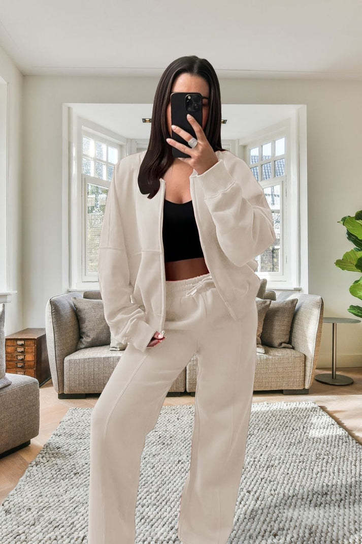 Bomber New Style Oversized Fleece Zipper And Wide Leg Tracksuit