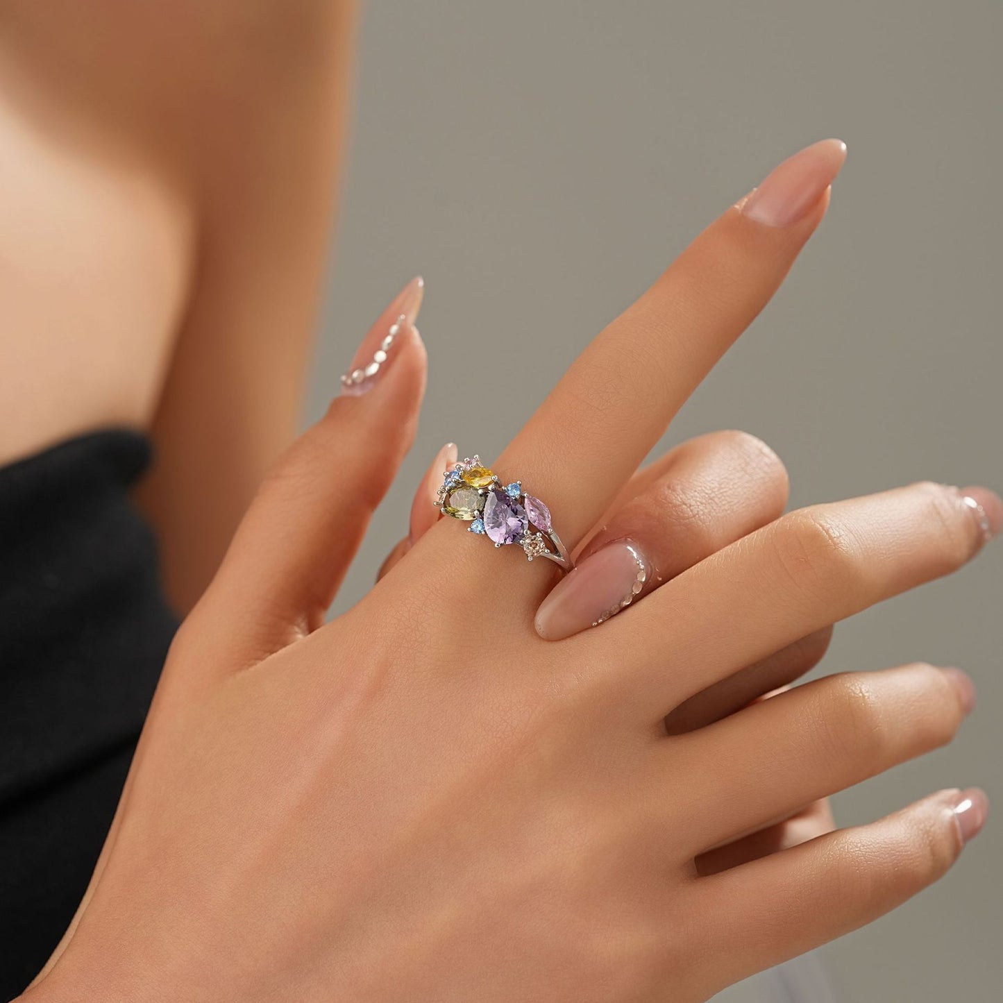 S25 Sterling Silver Dopamine Colorful Flower Zircon High Luxury Magic Color Ring