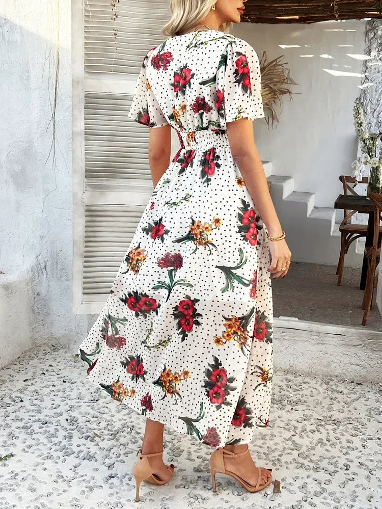 Women's Elegant Dress 2025 Spring Summer Bohemian Leisure Vacation Color Clash Two Wear Short Sleeve Maxi Dress Long Skirt