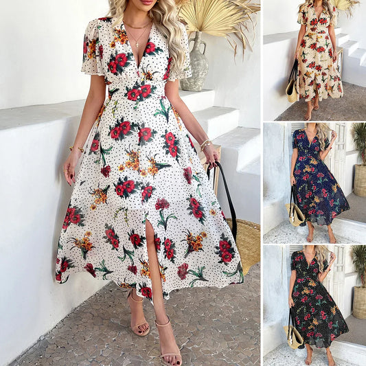 Women's Elegant Dress 2025 Spring Summer Bohemian Leisure Vacation Color Clash Two Wear Short Sleeve Maxi Dress Long Skirt
