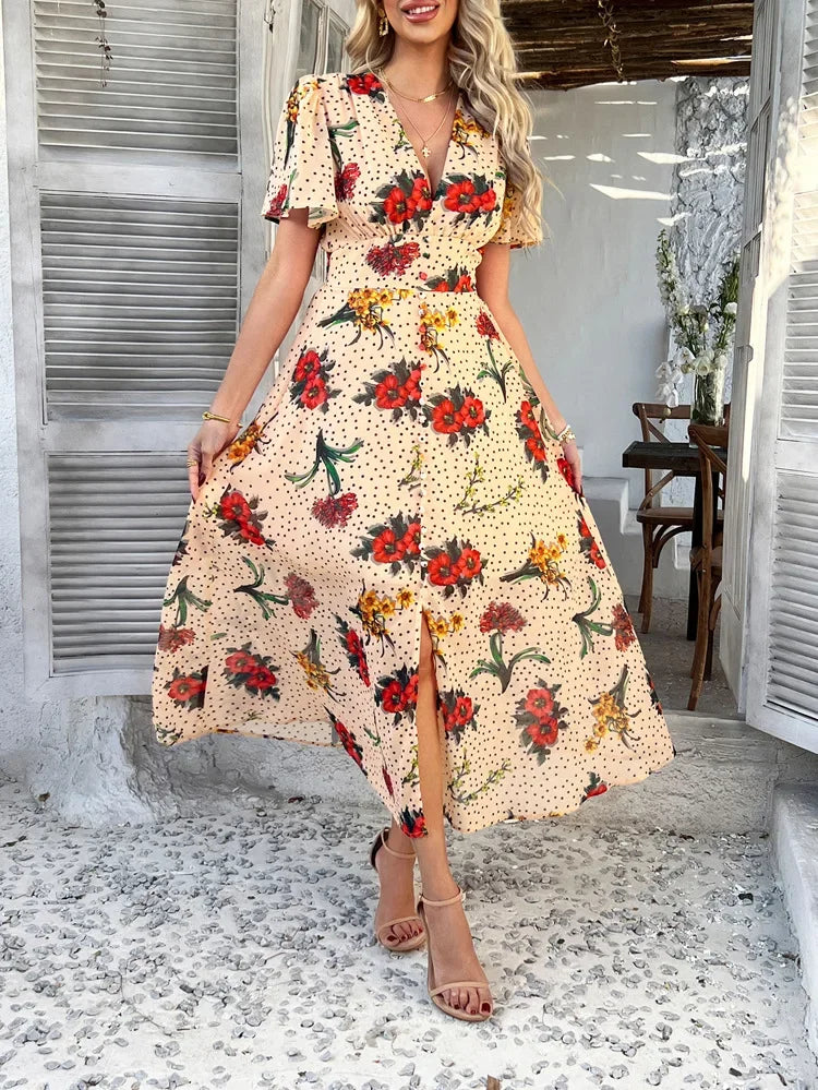 Women's Elegant Dress 2025 Spring Summer Bohemian Leisure Vacation Color Clash Two Wear Short Sleeve Maxi Dress Long Skirt
