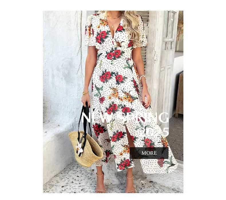 Women's Elegant Dress 2025 Spring Summer Bohemian Leisure Vacation Color Clash Two Wear Short Sleeve Maxi Dress Long Skirt