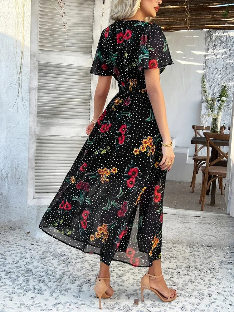 Women's Elegant Dress 2025 Spring Summer Bohemian Leisure Vacation Color Clash Two Wear Short Sleeve Maxi Dress Long Skirt
