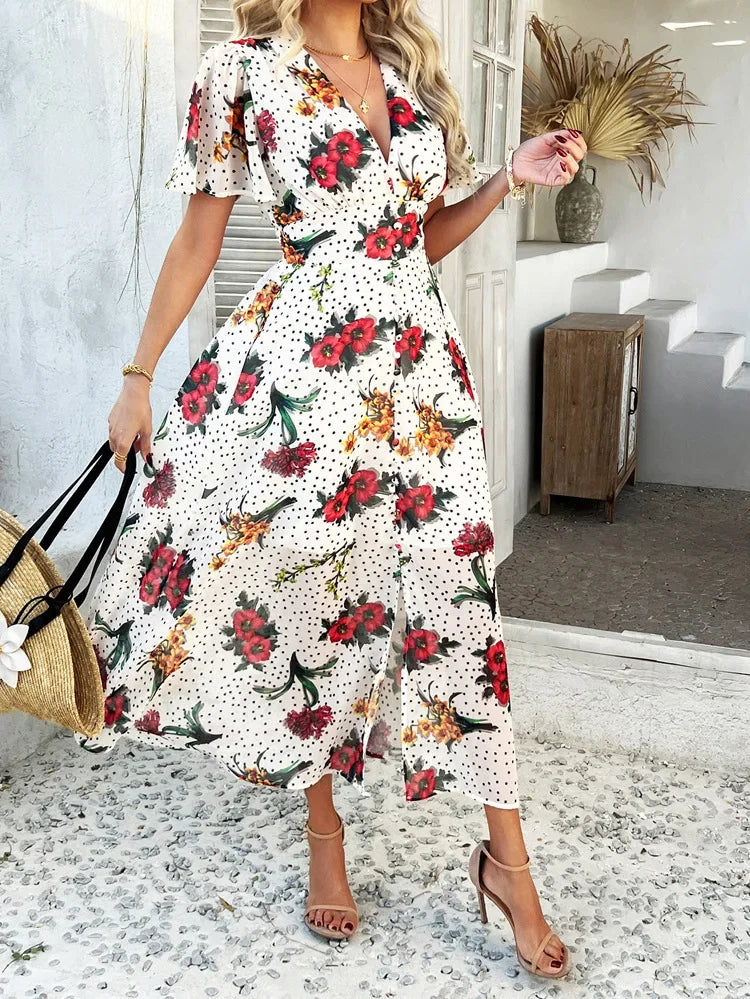 Women's Elegant Dress 2025 Spring Summer Bohemian Leisure Vacation Color Clash Two Wear Short Sleeve Maxi Dress Long Skirt