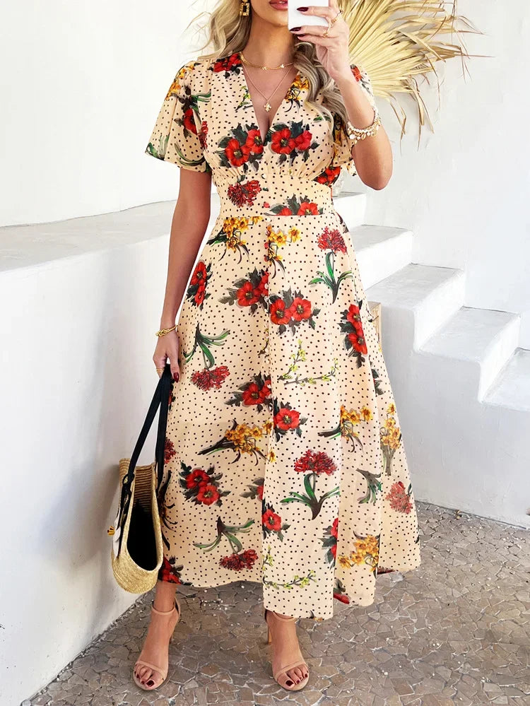 Women's Elegant Dress 2025 Spring Summer Bohemian Leisure Vacation Color Clash Two Wear Short Sleeve Maxi Dress Long Skirt