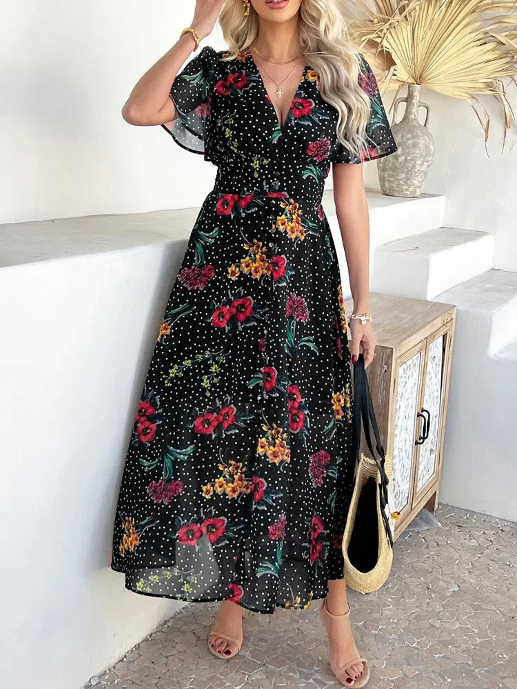 Women's Elegant Dress 2025 Spring Summer Bohemian Leisure Vacation Color Clash Two Wear Short Sleeve Maxi Dress Long Skirt