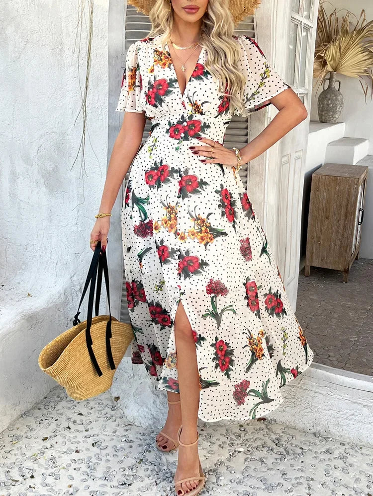 Women's Elegant Dress 2025 Spring Summer Bohemian Leisure Vacation Color Clash Two Wear Short Sleeve Maxi Dress Long Skirt