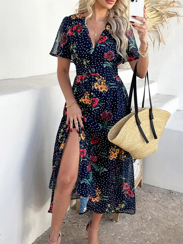 Women's Elegant Dress 2025 Spring Summer Bohemian Leisure Vacation Color Clash Two Wear Short Sleeve Maxi Dress Long Skirt