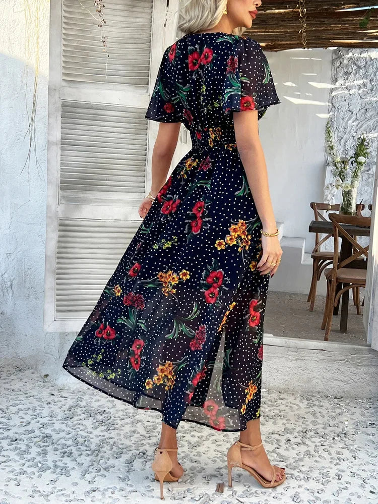Women's Elegant Dress 2025 Spring Summer Bohemian Leisure Vacation Color Clash Two Wear Short Sleeve Maxi Dress Long Skirt