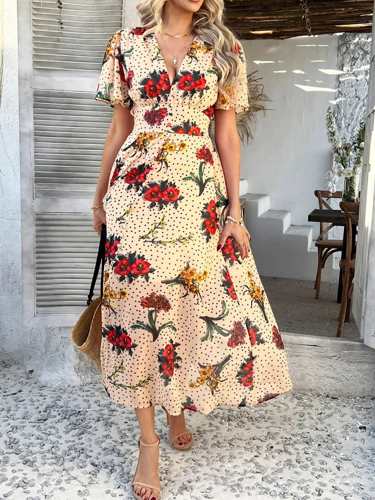 Women's Elegant Dress 2025 Spring Summer Bohemian Leisure Vacation Color Clash Two Wear Short Sleeve Maxi Dress Long Skirt