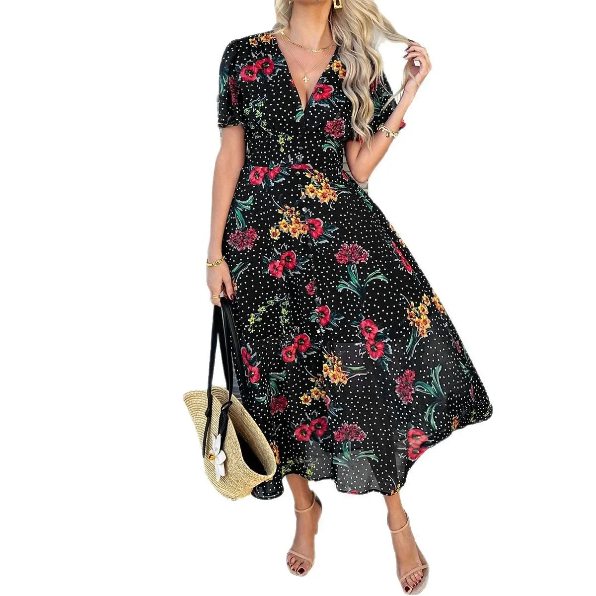 Women's Elegant Dress 2025 Spring Summer Bohemian Leisure Vacation Color Clash Two Wear Short Sleeve Maxi Dress Long Skirt
