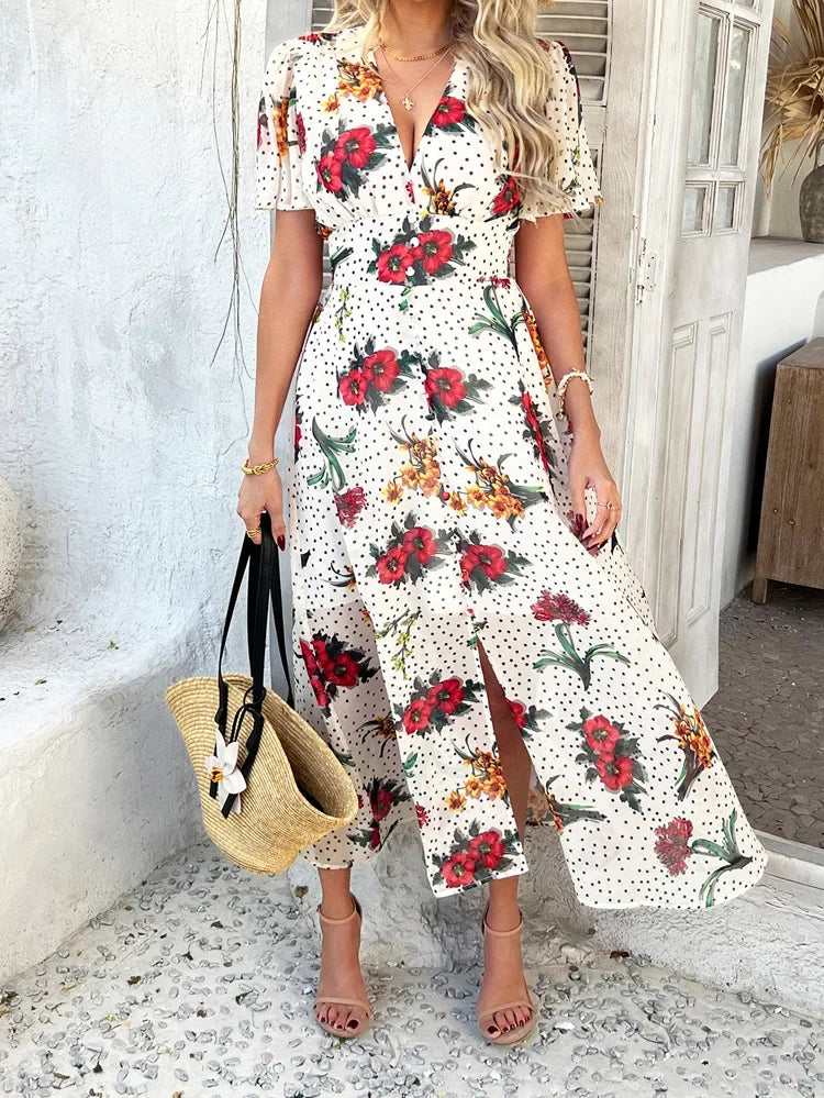Women's Elegant Dress 2025 Spring Summer Bohemian Leisure Vacation Color Clash Two Wear Short Sleeve Maxi Dress Long Skirt