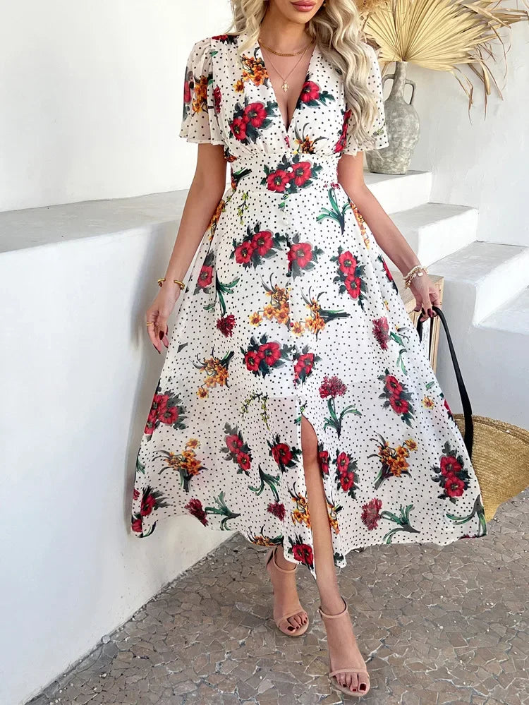 Women's Elegant Dress 2025 Spring Summer Bohemian Leisure Vacation Color Clash Two Wear Short Sleeve Maxi Dress Long Skirt