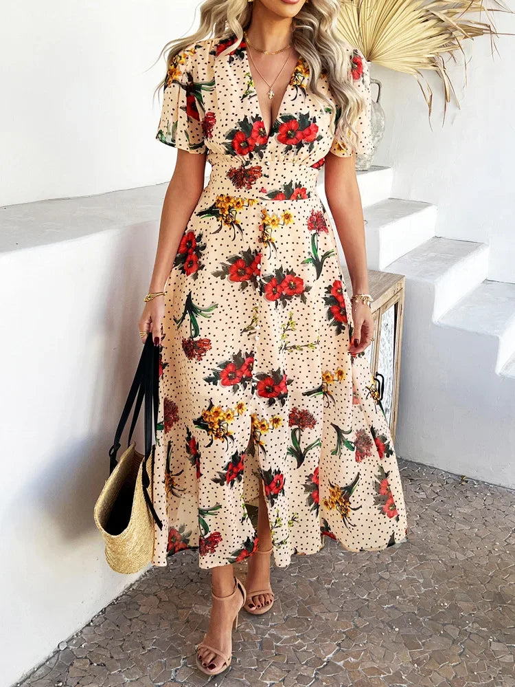 Women's Elegant Dress 2025 Spring Summer Bohemian Leisure Vacation Color Clash Two Wear Short Sleeve Maxi Dress Long Skirt
