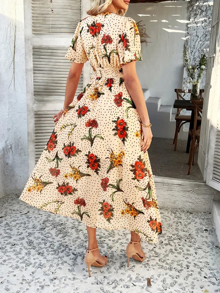 Women's Elegant Dress 2025 Spring Summer Bohemian Leisure Vacation Color Clash Two Wear Short Sleeve Maxi Dress Long Skirt
