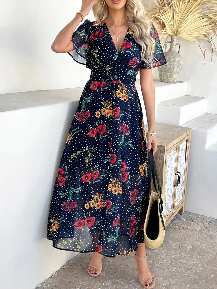 Women's Elegant Dress 2025 Spring Summer Bohemian Leisure Vacation Color Clash Two Wear Short Sleeve Maxi Dress Long Skirt