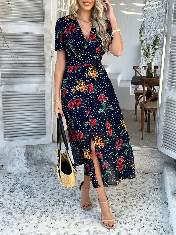 Women's Elegant Dress 2025 Spring Summer Bohemian Leisure Vacation Color Clash Two Wear Short Sleeve Maxi Dress Long Skirt
