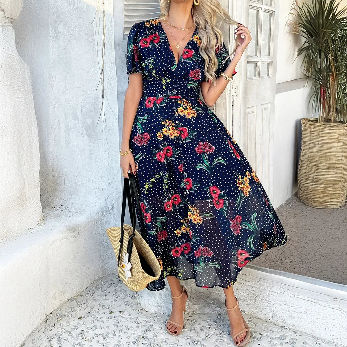 Women's Elegant Dress 2025 Spring Summer Bohemian Leisure Vacation Color Clash Two Wear Short Sleeve Maxi Dress Long Skirt