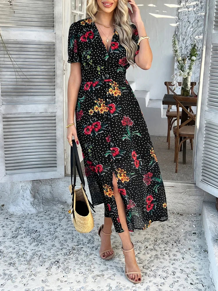Women's Elegant Dress 2025 Spring Summer Bohemian Leisure Vacation Color Clash Two Wear Short Sleeve Maxi Dress Long Skirt