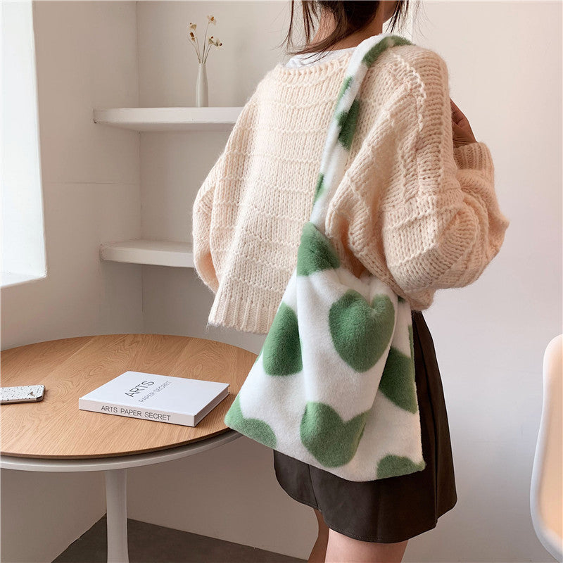 Sacs à bandoulière en peluche pour femmes, motif cœur d'amour, sacs de courses d'hiver