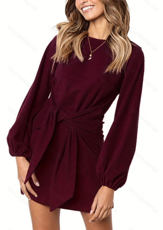 Robe unie à col ras du cou et taille nouée, élégante robe slim à manches lanternes pour le printemps et l'automne, vêtements pour femmes 