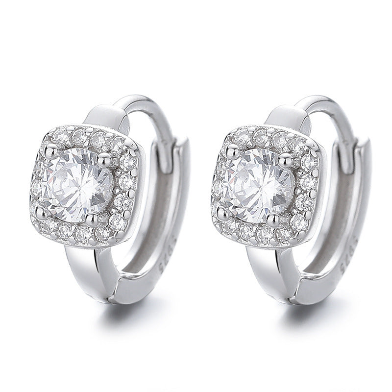 925 Sterling Silver Square Round Full Diamond Earrings Women