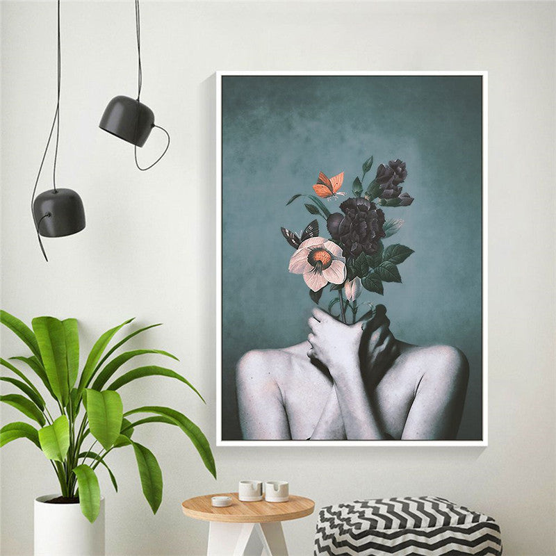 Peinture abstraite sur toile représentant un personnage floral, décoration de salon moderne