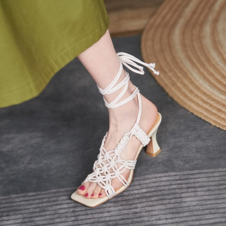 Chaussures d'été pour femmes, sandales à bout noué en corde, talons hauts romains, chaussures de commerce extérieur Wish Amazon