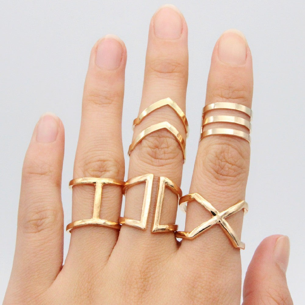 Fashion Personality Cross V Shape Geometric 5 Piece Rings