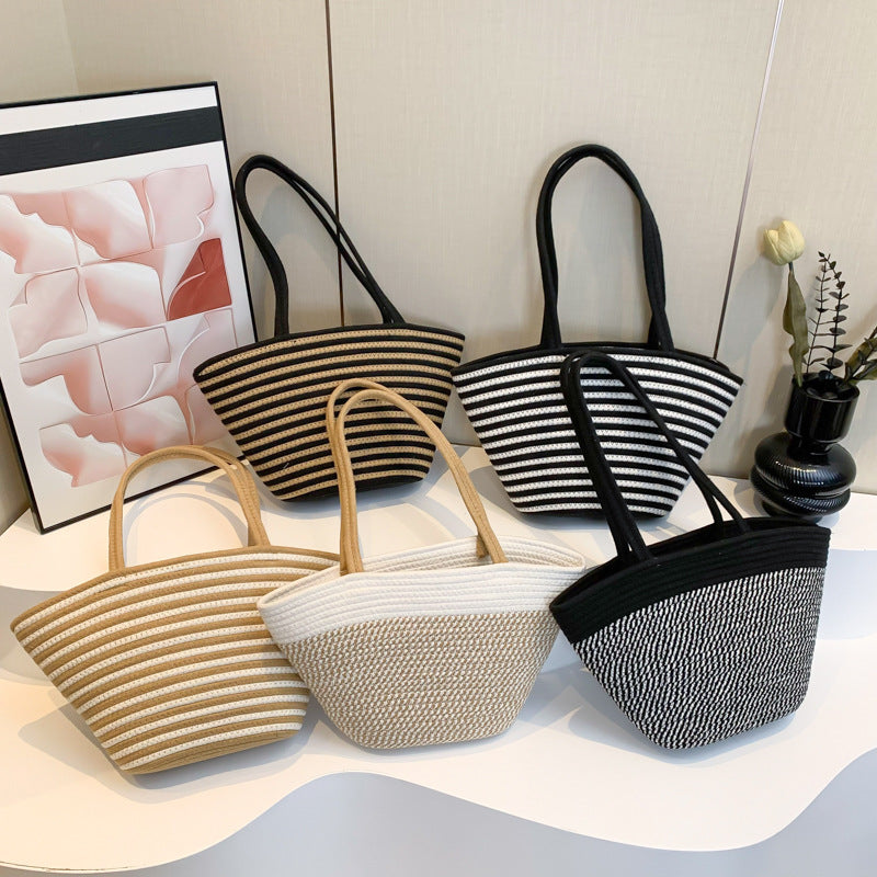 Spring Contrast Color Straw Bag Large Capacity