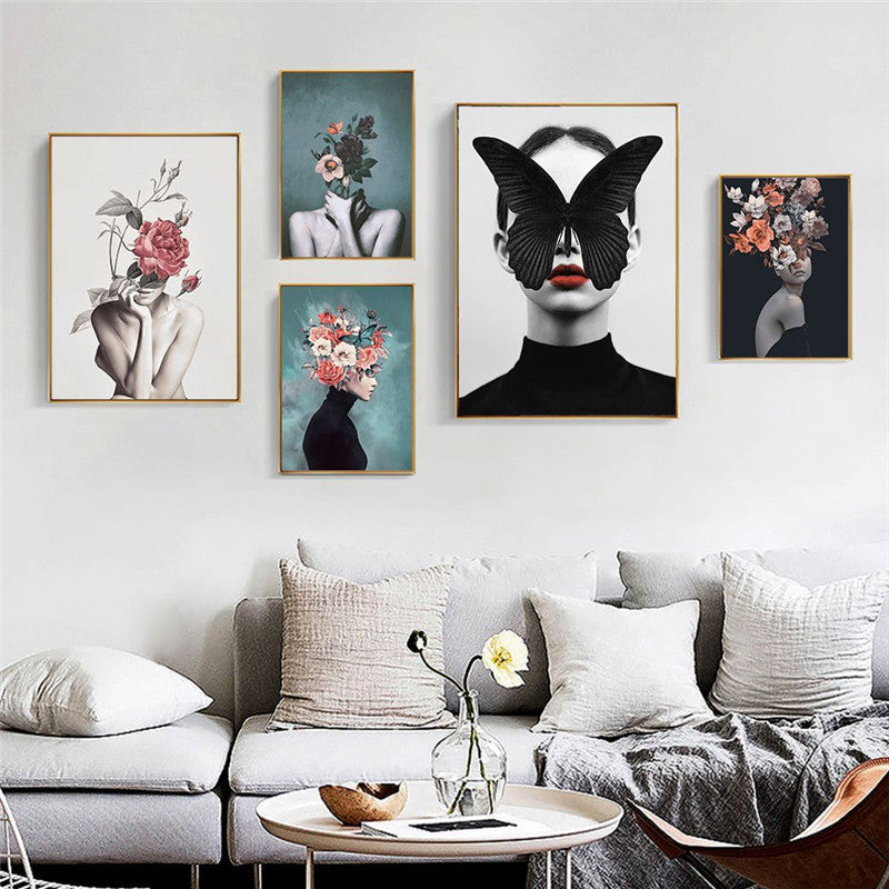 Peinture abstraite sur toile représentant un personnage floral, décoration de salon moderne