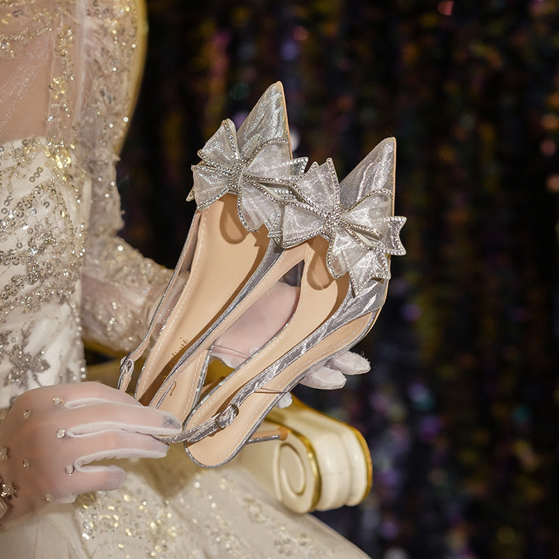 Sandales à talons hauts en cristal français avec nœud et strass, bout pointu, style stiletto, chaussures de mariée dorées pour femmes, été