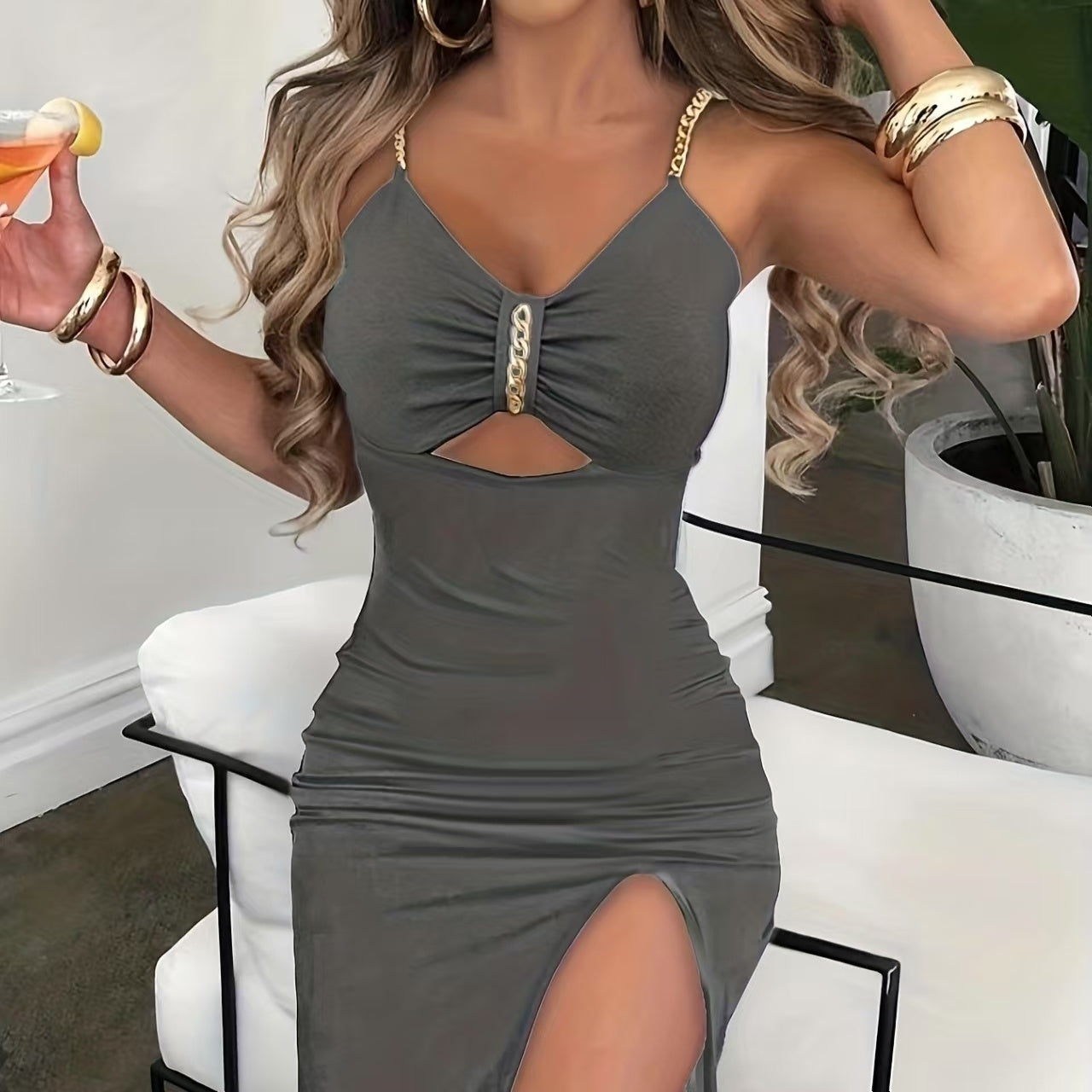 Women's Solid Color New Fashionable Metal Chain Hollow Chest Pleat Details Slit Design Sense Long Sexy Style Dress