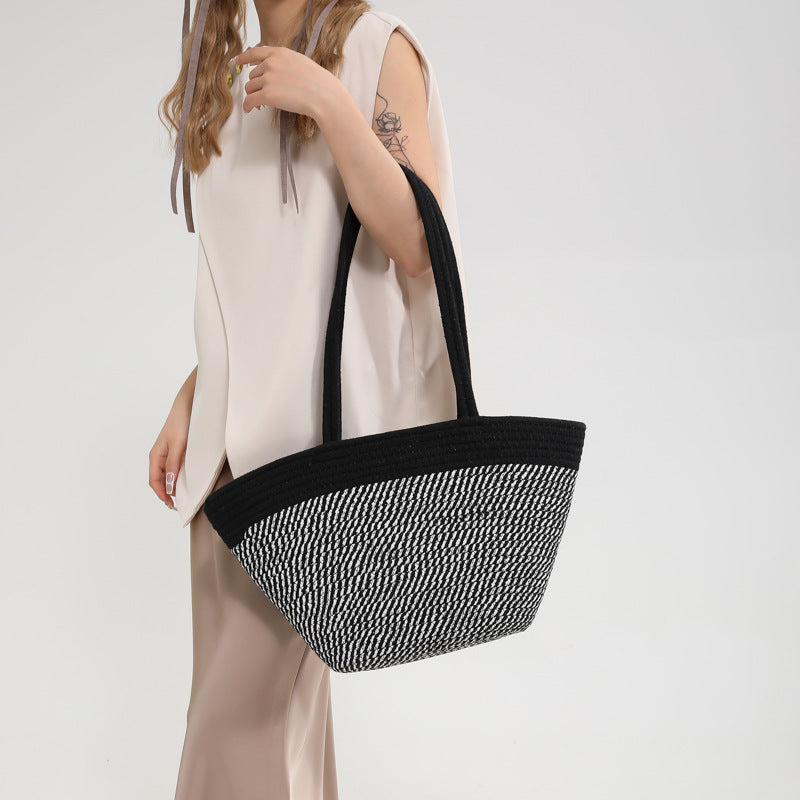 Spring Contrast Color Straw Bag Large Capacity