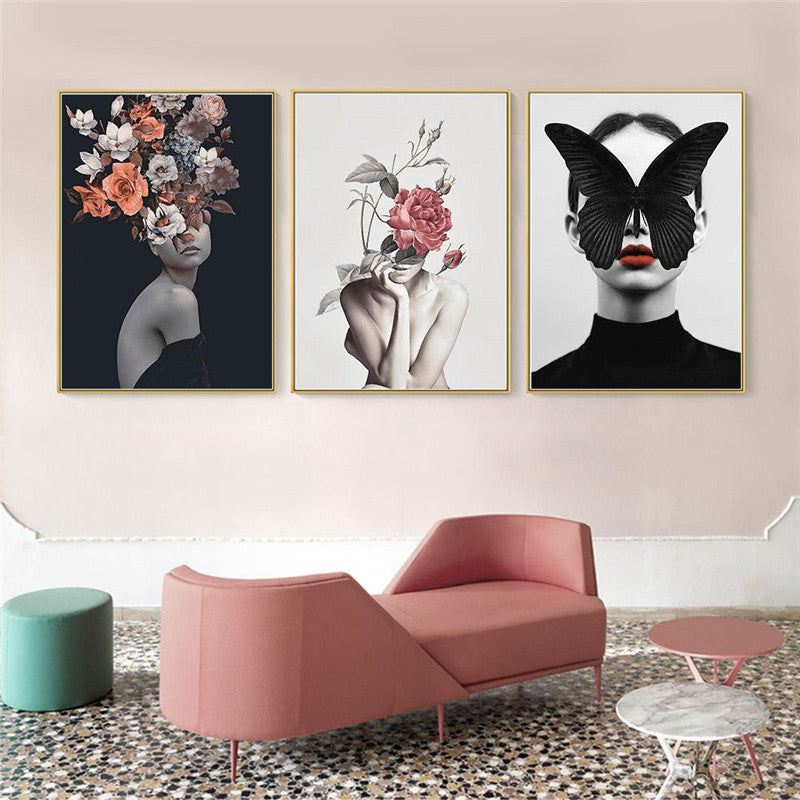 Peinture abstraite sur toile représentant un personnage floral, décoration de salon moderne