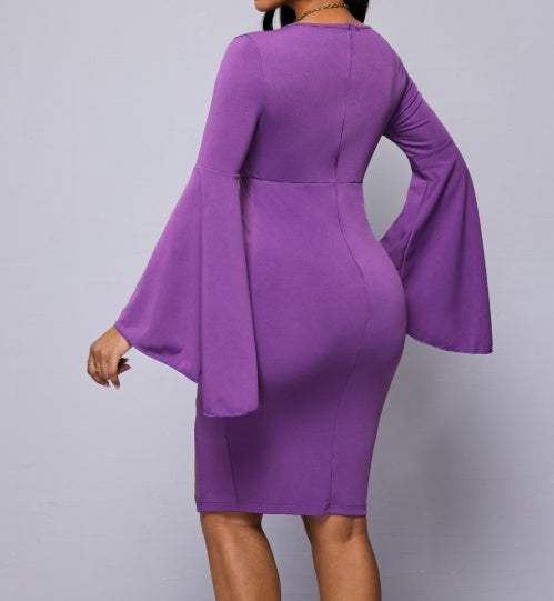 Robe moulante décontractée à manches en dentelle de couleur unie pour femme 