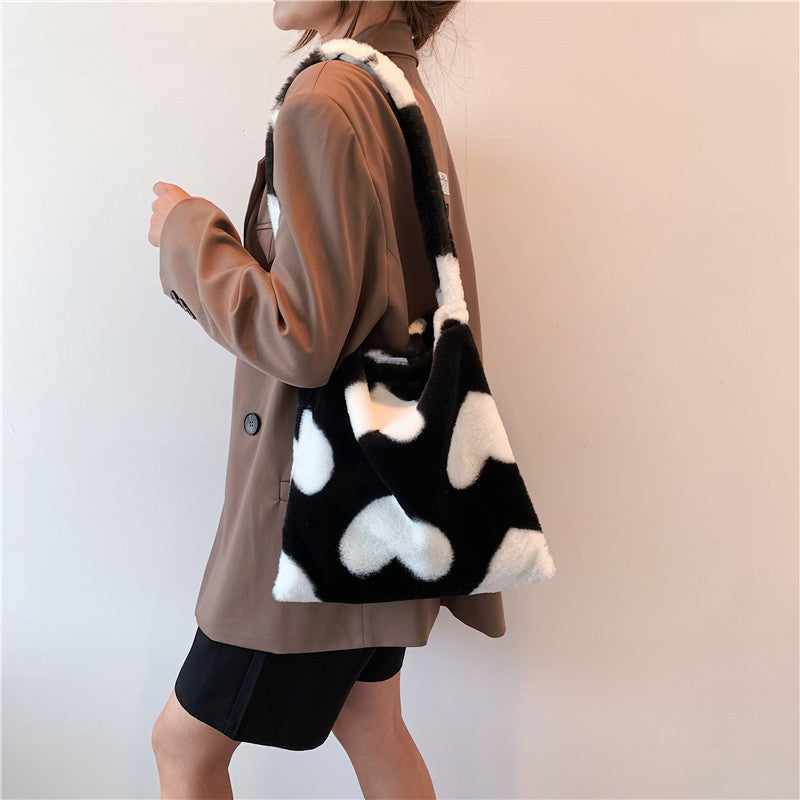 Sacs à bandoulière en peluche pour femmes, motif cœur d'amour, sacs de courses d'hiver